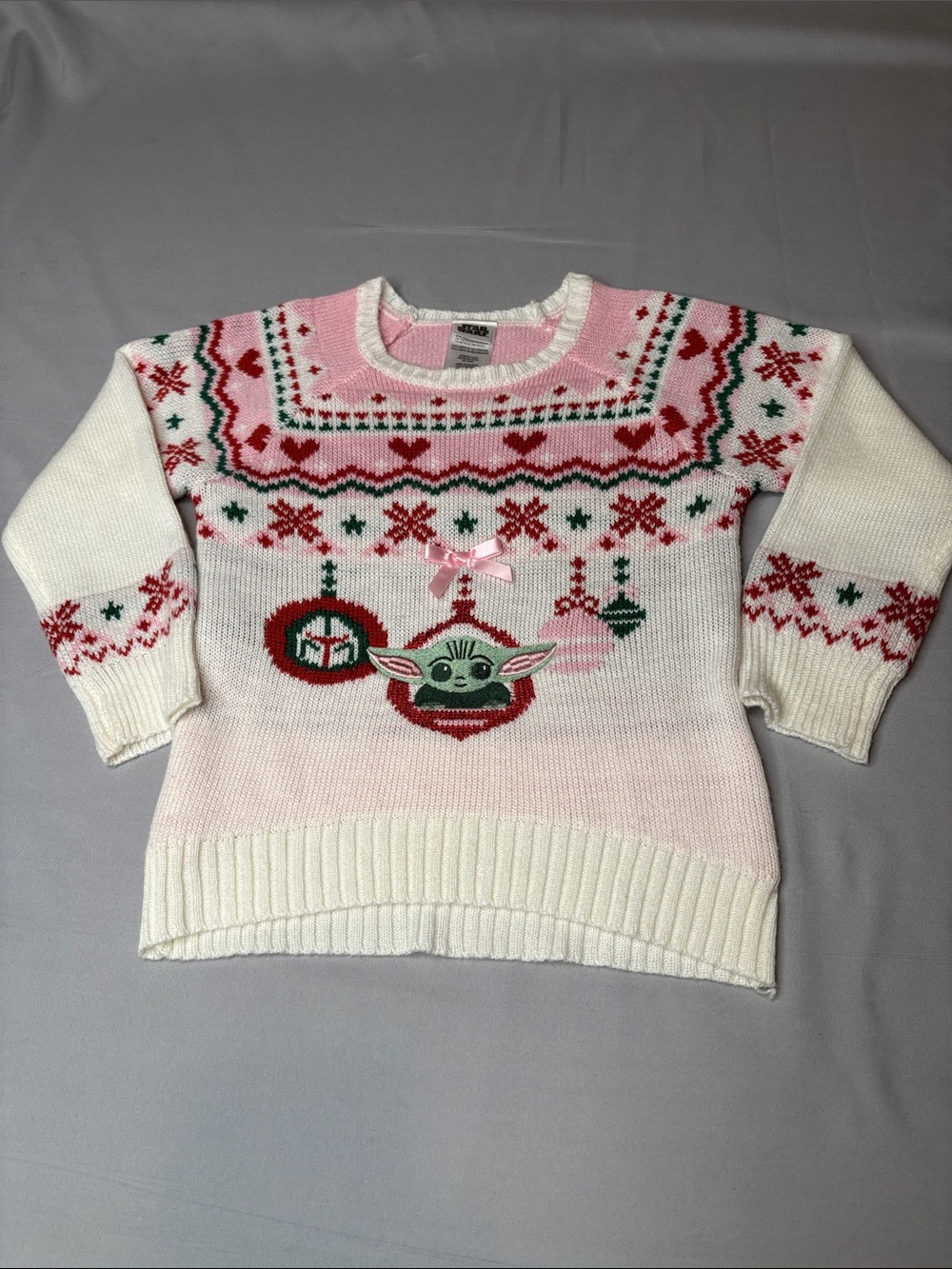 Star Wars Kids Pink, White Red Holiday Crewneck Sweater Grogu Ornament 5T 5